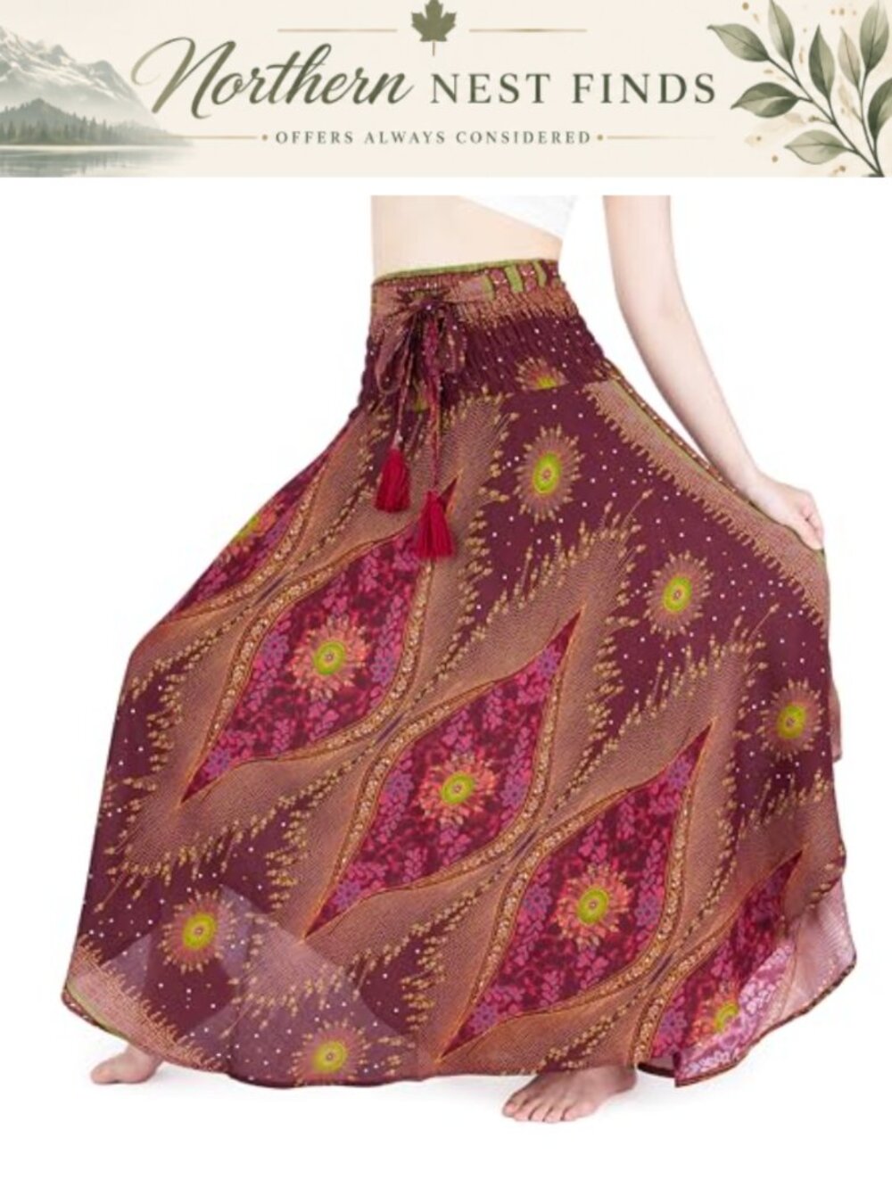 Bohemian Maxi Skirt Rayon Hippie Elastic Waist Drawstring Tassels